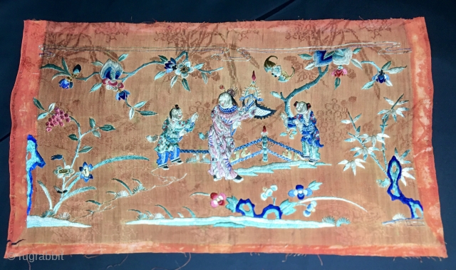 2nd Chinese silk panel. Mid 19th century or older. Cm 25x45. From a very thin silk on silk multi panel textile depicting various scenes. Very sweet and decorative.  If interested please  ...