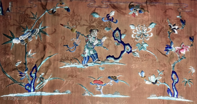 3rd Chinese silk panel. Mid 19th century or older. Cm 25x45. From a very thin silk on silk multi panel textile depicting various scenes. In this one please note the swastika. Very  ...