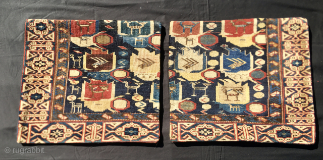Antique collectable Caucasian Shirwan Kuba rug fragments turned into pillows.
Cm 48x54 - In 18,9x21,2 each
Datable 1860/1880
Black cotton back with zipper
Rare & Beautiful
Available by DM or emailing carlokocman@gmail.com      
