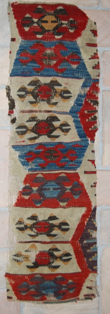 Kilim fragment. Western Anatolia. Cm 90x28. Late 19th century. Great colors: two madder reds, indigo, aubergine, yellow, oxidized black. See more pics on fb: https://www.facebook.com/media/set/?set=a.10153015465919258.1073741996.358259864257&type=1&pnref=story
        