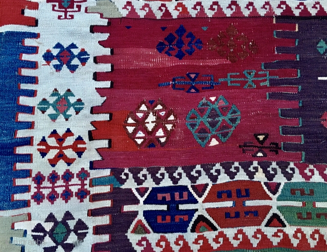 Eastern Anatolia Sinanli tribal group kilim strip. Cm 320x75 circa. Wonderful natural saturated colors, a real benchmark for dyes of that area, roughly 1870/1880. Full pic on request. Obviously not cheap. P.S.  ...