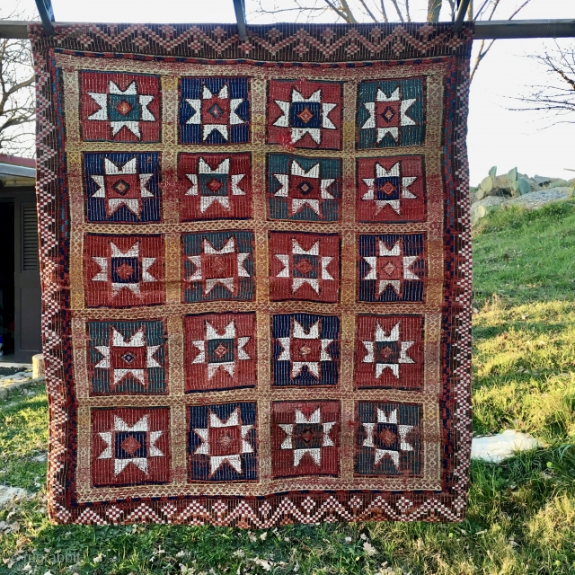 Beautiful Star Fethiye kilim. Cm 140x150 ca. Early 20th century. Woven in rare Zili technique. Natural dyes. Mounted on a wonderful “Macchiaioli” canvas for further strength. Can be used on both sides.  ...