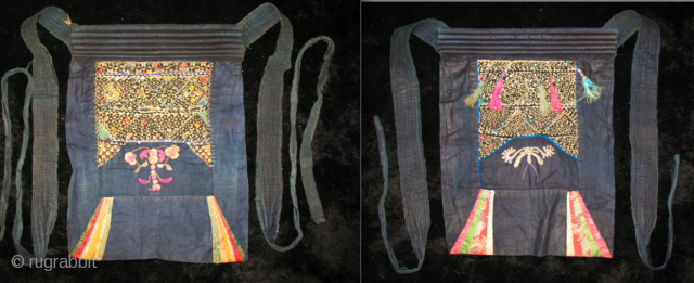Two Miao Embroidered baby carriers. Chinese monorities. Early 20th century. Approx size: cm 60x45 or in 24'x18'.
good condition, great workmanship, lovely pattern. Ref M1 & M2
       