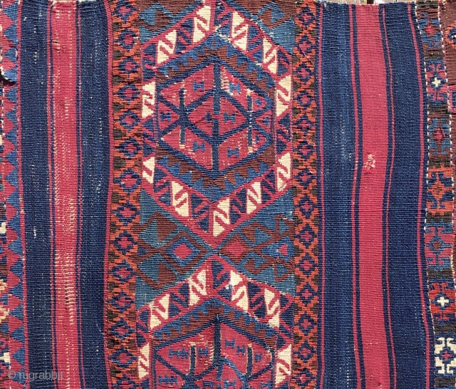 Colors, simply colors. South east Anatolian kilim fragment. Cm 56x76. Datable according to the colors 1870/1880. Beautiful, deep, natural saturated colors. The weave is very very fine. A good fragment, but colors  ...