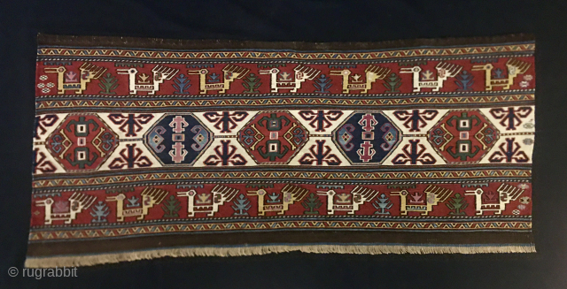 Royal Shahsavan sumack mafrash main panel, also called The Peacock panel.
Cm 46X108 ca
2nd half of the 19th century.
Great pattern with two main rows formed each by seven peacocks that seem to protect ...