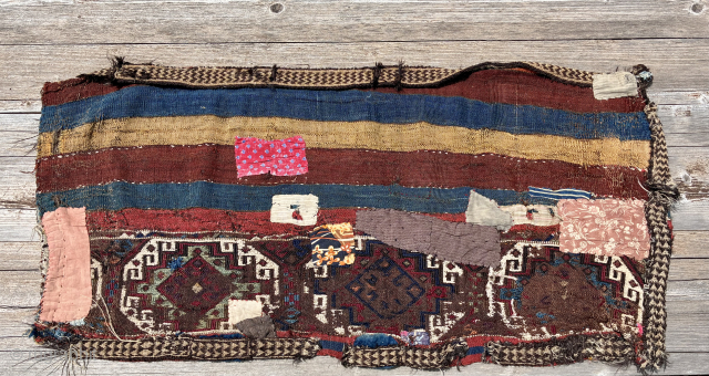 Antique original Anatolian cuval or storage bag with tens of patches on both sides and inside. One of two such bags was sold to a museum long time ago. This one is  ...