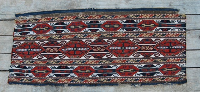 Karabagh (or Shahsavan?!) mafrash/bedding bag side panel. 
Cm 44x98. 
Second half 19th century. 
Very fine weave, 
lovely saturated colors, 
great pattern. 
See John Wertime "Sumak bags", page 177 for a very similar  ...