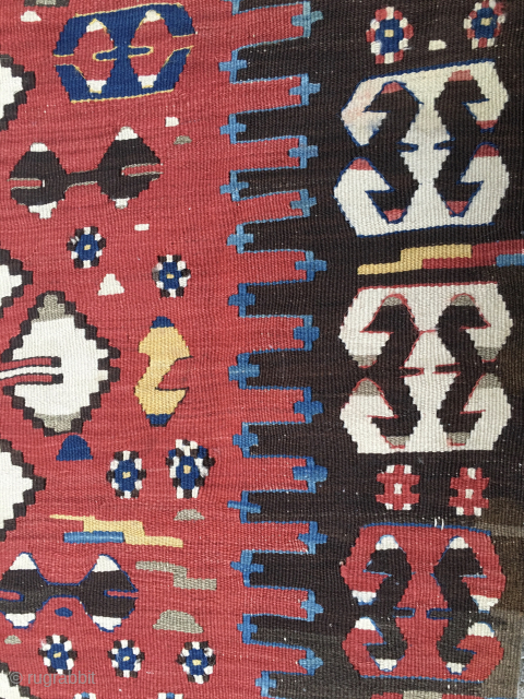 Aydin Kilim. 
Powerful & Beautiful Western Anatolia Aydinli kilim strip. 
Cm 100x265 ca. 
3rd/4th q 19th century. 
Great ram horn pattern, glorious natural saturated colors. 
Condition: a few minor oxidations, two tiny  ...