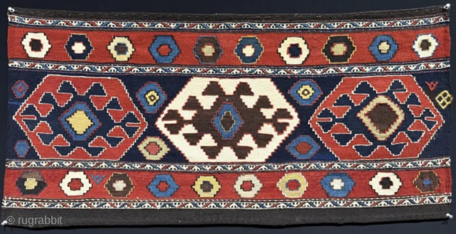 Shahsavan flatweave/sumack mafrash long panel
Size is in 21”X41.5”/cm 53x105
19th century panel, 3rd or 4th quarter
Lovely pattern with three main hexagonal, talismanic medallions and diamonds floating in the central field, the ceiling ...