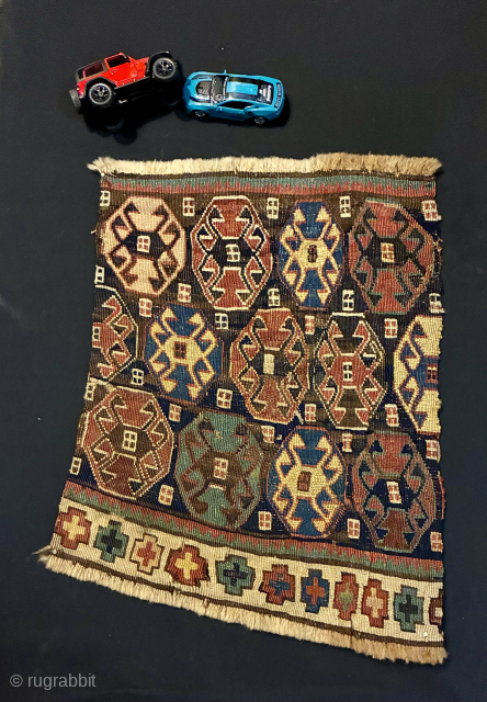 Reverse Sumack Shahsavan panel.
Size is cm 40x50 ca.
Approx age is 1880sh
Sweet piece, happily uneven, with awesome natural saturated dyes, a real tribal piece of art.
What can we tell about the "crosses"? in ...