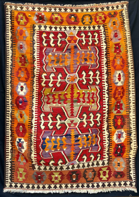 Central Anatolia Kilim.
Probably Obruk village, north of Konya.
Size is cm 130x180 ca.
Age should be early 20th century.
In good condition with most good colors.
Some old, good restorations.
August price: 600 € only plus shipping.
Apply ...