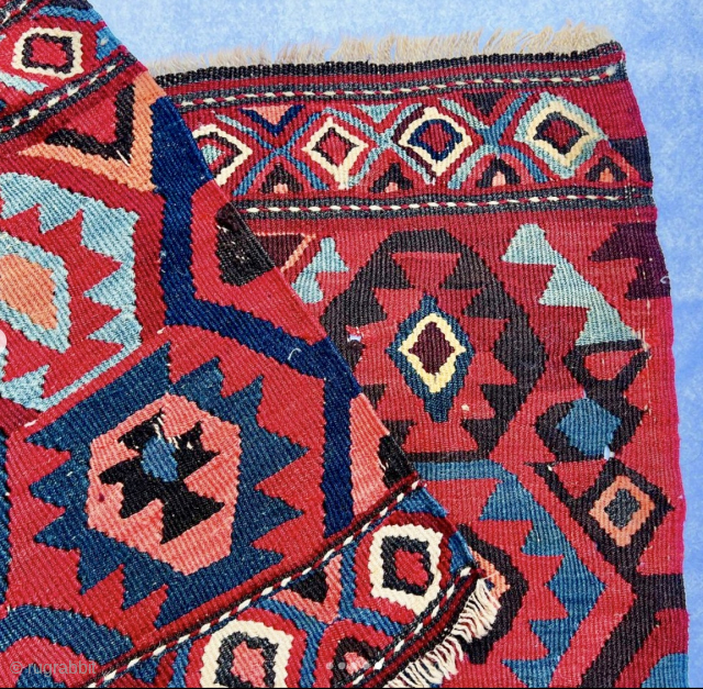 Shahsavan flat weave mafrash long panel.
Cm 46x66.
Datable to 3rd/4th q of 19th century.
Lovely, great, colored pattern with awesome natural dyes.
See madder red, indigo blue, apricot, light green among ...