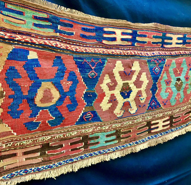 Shahsavan rare design kilim mafrash long panel. 
Beautiful natural colors, rare pattern, antique, not expensive. 
Calm, sweet, elegant........ 
Cm 50x105 ca. 
Datable 1870/880, if not earlier according to the dyes. 
Great pattern  ...