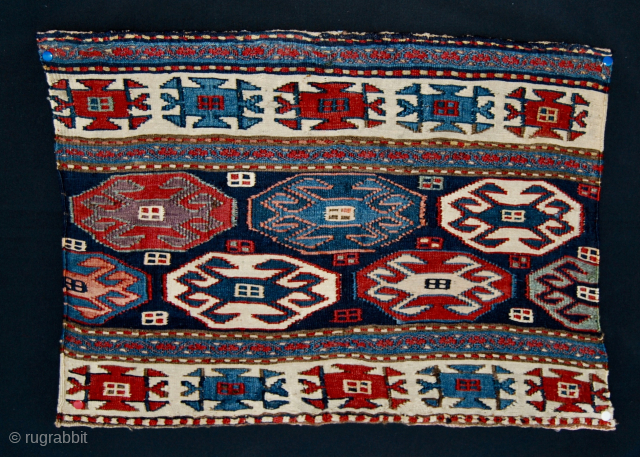 Wonderful Top Shahsavan reverse weft less sumack mafrash end panel.
Size is cm 40x55 ca.
Datable 1870/1890.
Very, very fine weaving. Great crab pattern. Lovely deeply saturated natural colors. Note the aubergine ...