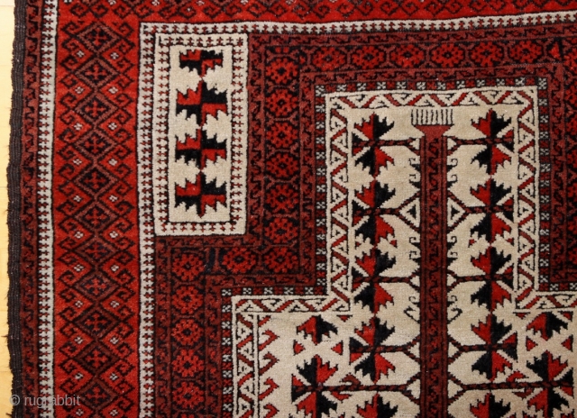 Baluch white ground Prayer rug; beginning 20th c.; 98 x 166 cm (3`3” x 5`5”); one says that Baluch prayer rugs with white ground are rare, this one has also in its  ...