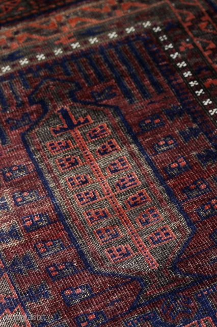 Baluch Main carpet; after 1900; 289 x 170 cm (9`9”x 5`7”) with 20cm (8“) flat woven Kelim on each end, original in top, 1cm (0.5”) reduced in bottom; 6 “tree of life”  ...