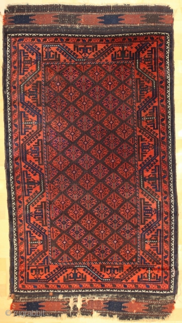 Baluch rug, Timuri (?); 90 x 165 cm (3`0" x 5`5"); Beautiful example of Baluch rug composition with a dazzling main filed and a calm border. A well known composition also to  ...