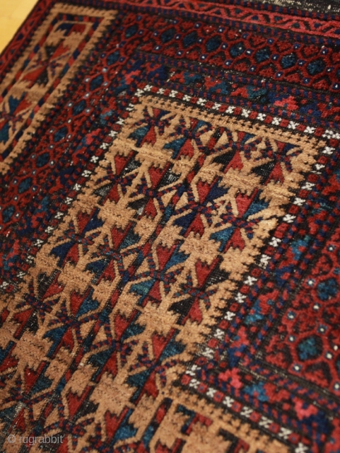 Baluch prayer rug; after 1875; 88 x 122 cm (2`11” x  4`0”); Dochtar-i-Ghazi because of its main border or Timuri because of its main field design?; for the first glance a  ...