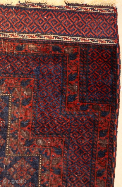 Baluch Timuri-Prayer; second half 19th.c.; 82 x 121 cm; beautiful wool and exceptional colours; apart from corroded black and terrible overused stripe crossing rug in middle an really good and special piece  ...