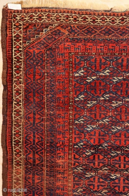 Baluch rug; last q 19th.c.; 107x172cm (3`6" x 5`8"); Azadi names this type "Maadan" (plate 35 & 36) because of its corner design and the "Goat-Run" border. This is the oldes piece  ...