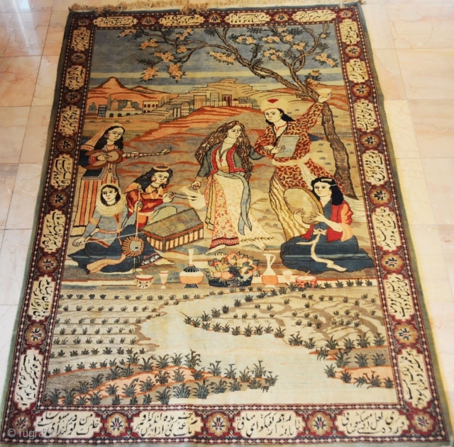 Persian Tabriz Pictorial Rug 19th Century. 
Hakim Omar Khayyam, Neishapur,this rug is in vary good condition.
Has a persian poetry on the borders.
Come from Private home. 
size is 4.4x6.7 (52"x79")
    