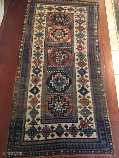 Antique Kazak Rug Circa 1880 need same work 
size is 3x6 (91.cm x 182.cm) 
Price $650.00                 