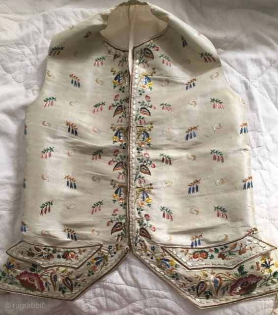 Silk waistcoat with silk hand embroidery, English, c.1770-1790 - a typical design fashionable at the period. In very good condition. The slight marks on the silk show more in the photographs than  ...