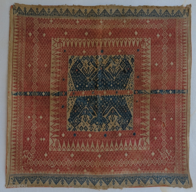 Tampan ceremonial textile from Lampung region, Southern Sumatra.
76 x 77 cm. Backed with a cloth.
Condition: Three small holes, backed with a correct color cloth (rust, blue), some wear over the ...