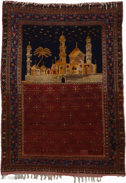 Sivas small rug; "The First Mosque", 3-8" x 5-2" Circa 1875( good condition with some small repairs, fairly fine weave) A very mood inducing wall hanging.       