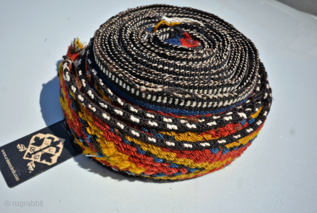 19th century Qashqai tent band. Has some damages due to pests. Great color 3"x 22'                  