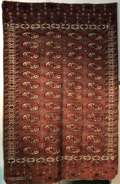 a Very Fine Old Yomud Main Carpet. All natural dyes, no re-weaving, Rich colors. Some wear typical with a piece of this age. Circa 1800. 9' 3" x 5' 10". An example  ...