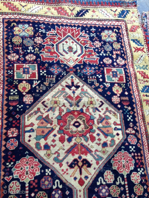 Superb Sahsavan Main Rug from 1850. Fantastic vivid color with lovely abrashed yellow field border. 10' ft x 3' 10''             