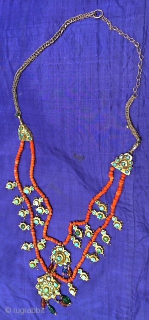 19th.century Uzbek Buhara silver and coral neckless.                          