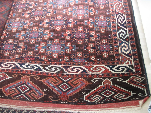 Antique jomud main carpet 1890-1910? Older?
190 x 290 cm 
Allmost full pile and original sidecords(small wear only shown in one photo) 
One corner has small damage. 
Nice colors. the blue is extra  ...