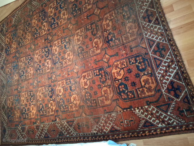 Real antique very oldish looking Ersari main carpet: 2m x260cm , wear but still ornaments visible. 
Very oldish secondary göl( sothebys statement about it). the borders are  oldish style as well,  ...