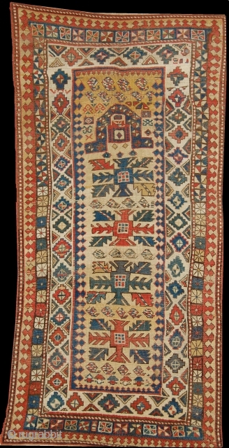 Last Quarter of 19th Century Yellow background Kazak Prayer Rug, All naturel vegetable dyes. 3.5x7.1ft                  
