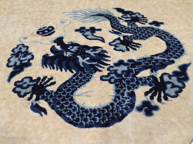 Antique Chinese rug with dragons in ivory and blue colors.
Size:273x187 cm
Please contact salaberina@gmail.com 
The stake quality is very good. There is a small area that needs repair. I can repair it if  ...