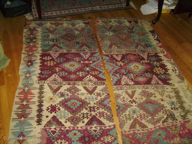 Pair of antique Turkish Reyhanle Kilims, latter part of 19th century, in beautiful purple and blue colours. 
Price: Offer              