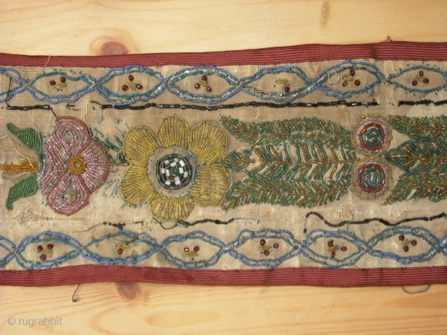 Beadwork strip on silk. 3'2"x 4 1/2"  Woodlands /French / 18c?  Very pretty.                  