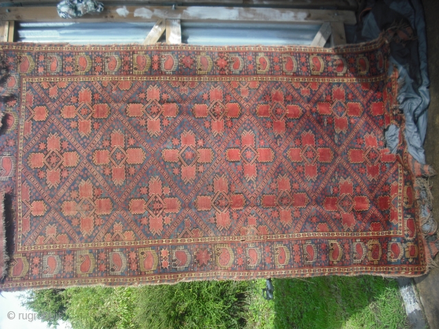  Ersari Beshir main carpet . Glowing natural red .Holes at bottom end.Kilim ends.                  