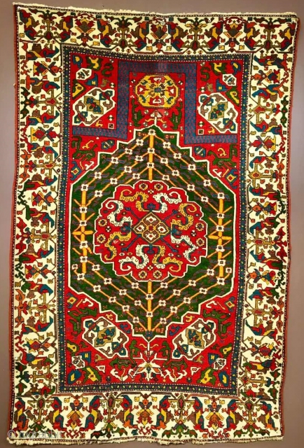 Caucasian Prayer Rug, late 18TH century, Coming up at Chrisitie's London, 26 October 2017

Silk foundation, a few repairs at either end, selvages rebound
5ft.1in. x 3ft.4in. (155cm. x 100cm.)
http://www.christies.com/lotfinder/rugs-carpets/a-caucasian-prayer-rug-late-18th-century-6099539-details.aspx?from=salesummery&intObjectID=6099539&sid=772440d8-3e60-4458-aa30-3e9ae82e361b

To see the complete catalog  ...