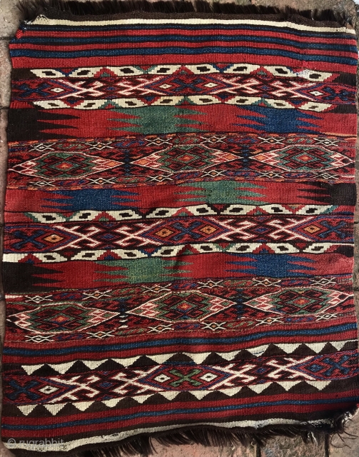 Antique Anatolian part of a chuval, end of 19th, saturated, fabulous glowing colours, goat hair warps, 102x92cm, gently washed.              