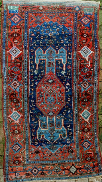 Exceptional, antique Kurdish Kolyai rug, 240x132cm. Dated 1907, showing the inscribtion Ajan which means gift of god. May be the rug has been made for the birth of a child.
Full pile, glowing  ...