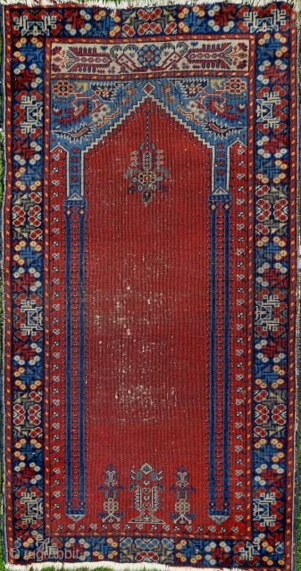 Antique Kula prayer rug, 172x92cm, goat hair warps, all natural colours.                      