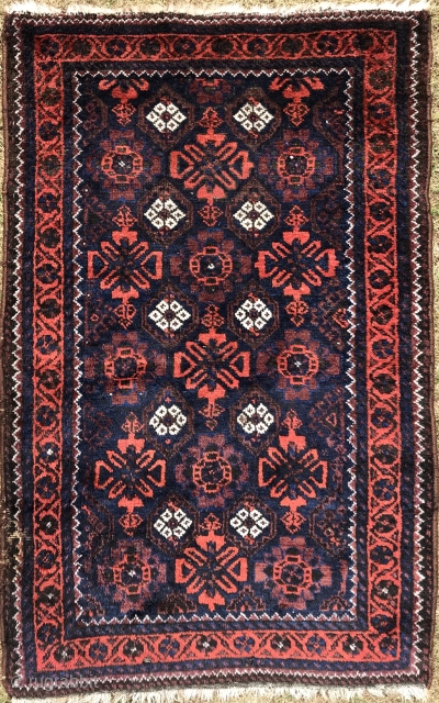 Sweet, small Arab Baluch, 127x81 cm, saturated colours , coral, the red of unripe blackberries, 2 shades of indigo and  olive green which is brown looking in the shadow, lustrous wool,  ...