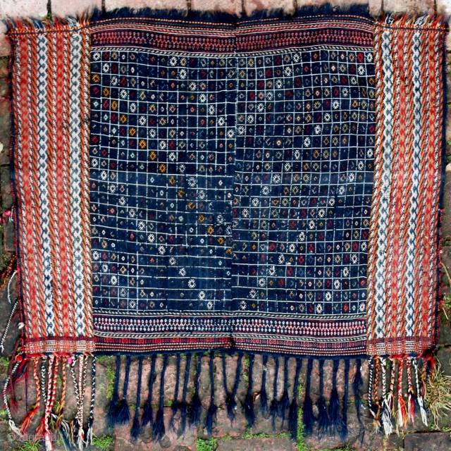 A quite rare Qashqai horse cover, 137x108cm. The warp-float patterning technique in the two outer pannels is often attributed to the Darreshuri Qashgai.
Beginning of 20th century, all natural colours, carefully washed with  ...