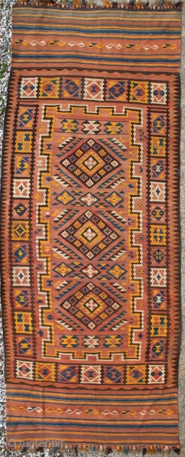 Moghari kilim from east Afghanistan, 340x130cm, beginning of 20th century.
Handspun wool, all natural colours.
Perfect condition, no repairs.                