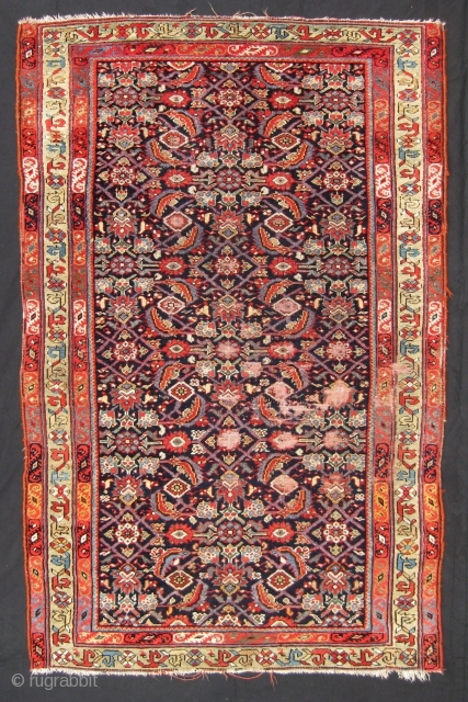 Sauj Bulagh, 19th century. Areas of (reparable) damage; fantastic colours and quality of wool.

Size: 1.80m x 1.13m / 5'11''x 3'8''

             