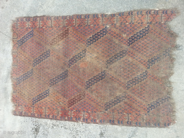 Very worn Ersari beshir. Lovely border. Small patch.

Size: 5'7 x 4'8. 
                     