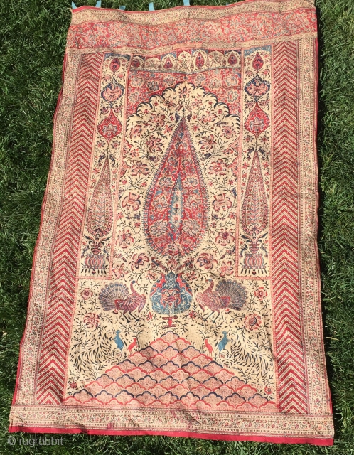 Persian or Indian block print textile, 19th Century. 3'9" x 6'3". Delicate drawing, wonderful natural colors, clean with no stains.  Generally good condition, with a few very fine pinholes (see tiger  ...